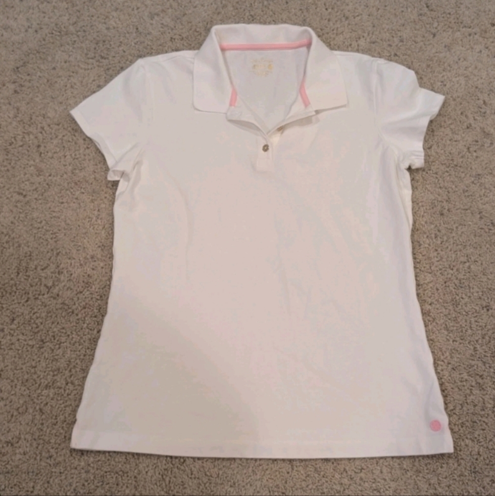 Lilly Pulitzer Luxletic White Top with Pink Trim and Gold Logo